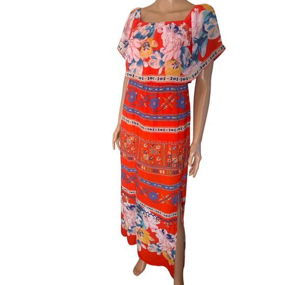 Jealous Tomato midi dress off shoulder orange BoHo floral Aztec print NEW SZ XS - Picture 3 of 8